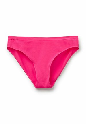 Růžové bikinové kalhotky v hladkém, elastickém materiálu. Mají jednoduchý, nízký střih s širokými boky a bez viditelných detailů.