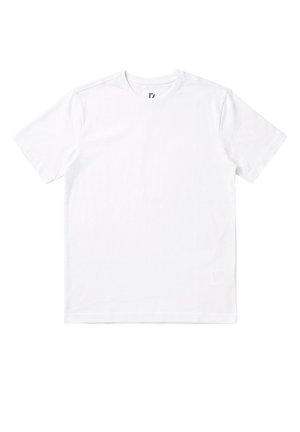 Prosty biały T-shirt z krótkim rękawem i okrągłym dekoltem, rozłożony na płasko, bez widocznych wzorów lub zdobień na białym tle.