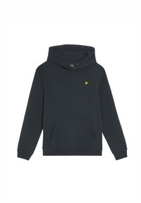 Felpa con cappuccio blu navy realizzata in materiale morbido, con una tasca a marsupio frontale e un piccolo logo giallo sul petto. Presenta polsini e orlo a costine.