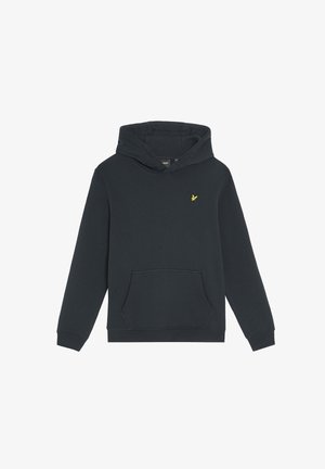 Felpa con cappuccio blu navy realizzata in materiale morbido, con una tasca a marsupio frontale e un piccolo logo giallo sul petto. Presenta polsini e orlo a costine.