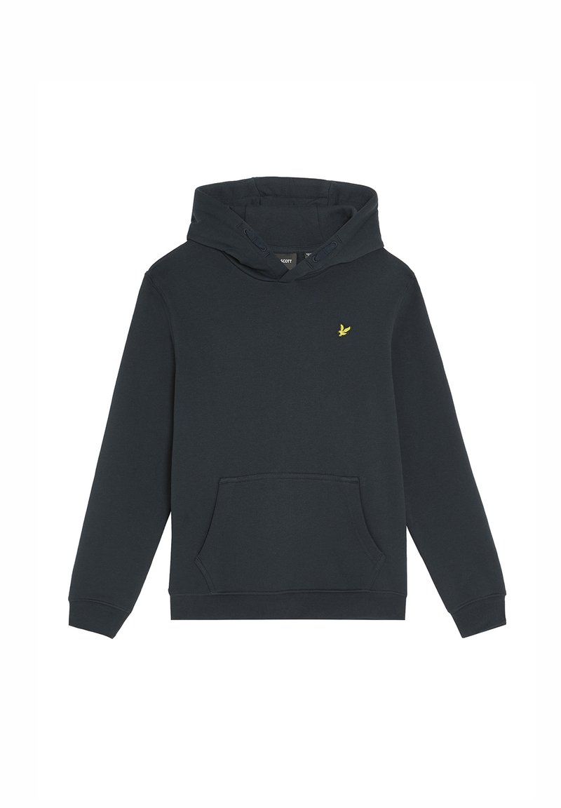 Felpa con cappuccio blu navy realizzata in materiale morbido, con una tasca a marsupio frontale e un piccolo logo giallo sul petto. Presenta polsini e orlo a costine.