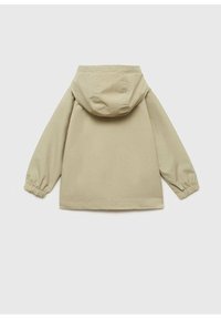 Giacca leggera color khaki con cappuccio, polsini elasticizzati e taglio dritto. Tessuto morbido con design minimalista.