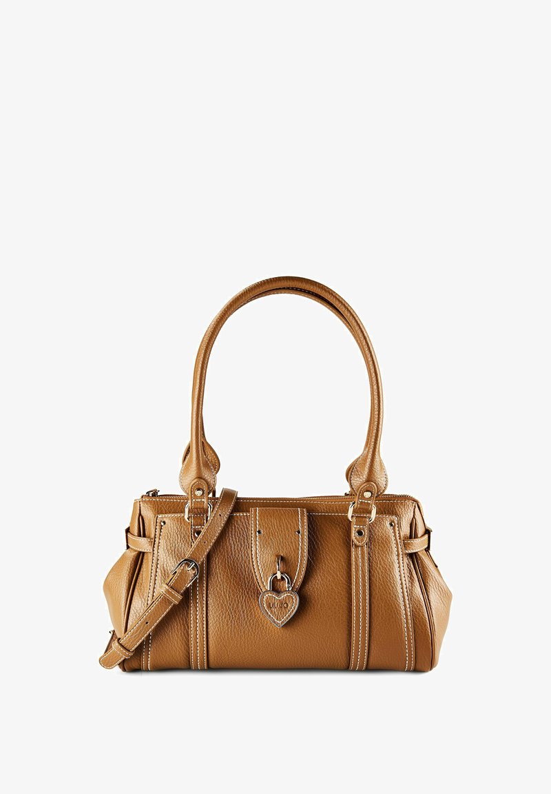 Sac à main en cuir marron avec doubles poignées, bandoulière réglable et détail de serrure en forme de cœur sur le rabat avant.