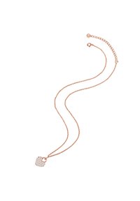 Rózsaarany láncnyaklánc, szív alakú medállal, amelyet tiszta kövek díszítenek, finom láncokkal és sima felülettel.