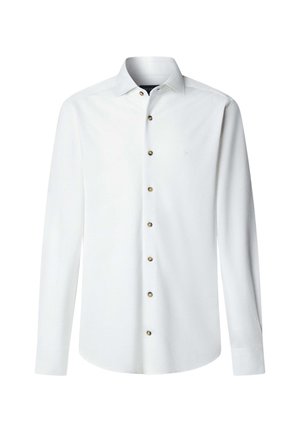 Bijela košulja dugih rukava od glatke tkanine s kopčanjem sprijeda. Ima klasični ovratnik i gumbe zlatne boje duž otvora za kopčanje.