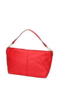 Borsa a mano in pelle sintetica rossa con manico corto, accessori in oro e superficie liscia. Presenta un design rettangolare semplice e cuciture.