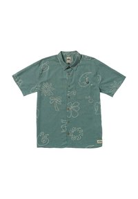 Korte mouwen overhemd met knopen in teal stof, met witte abstracte patronen, een borstzak en bruine knopen.