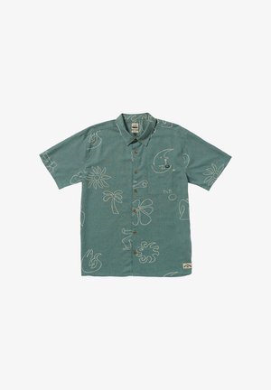 Short sleeve button-up shirt in teal fabric, featuring white abstract patterns, a chest pocket, and brown buttons.