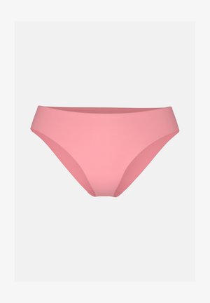 Pink bikini bottom with a smooth texture, low-rise design, and wide waistband. Made from stretchy material for comfort and fit.