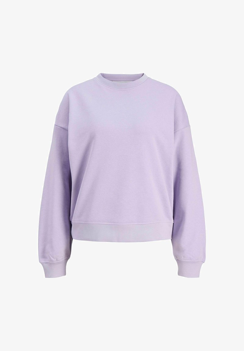 Fialová mikina vyrobená z měkké tkaniny. Má spadlé ramena, kulatý výstřih a žebrované manžety a lem, s uvolněným střihem.