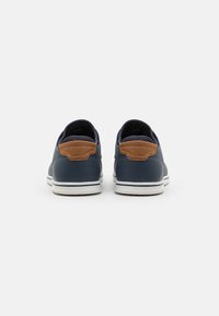 Pantofi din piele bleu marin cu un accent din piele maro la toc, talpă din cauciuc alb și formă rotunjită. Design minimalist fără modele vizibile.
