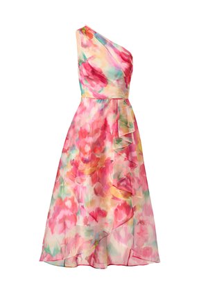 One-shoulder midi-jurk met roze, rode en groene aquarel bloemenprint, met een geplooide overlay op de rok.