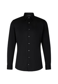Camicia formale nera da uomo a maniche lunghe con colletto a punta e polsini con bottoni.