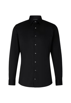 Schwarze langärmelige Herren Hemd mit Knopfverschluss, spitzen Kragen und Knopfmanschetten.