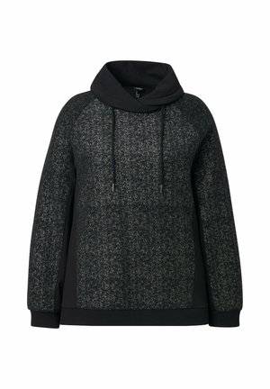 Czarna i szara swetra z kapturem w pasy, z długimi rękawami, ściągaczami oraz czarnymi sznurkami na szerokiej kołnierzu w kształcie leja.