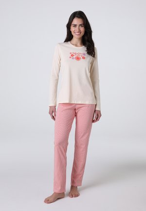 Maglietta leggera a maniche lunghe con ricamo floreale; abbinata a pantaloni da pigiama a righe rosa. Tessuto in cotone morbido con vestibilità rilassata.