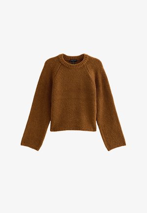 Bruine gebreide trui met een ronde halslijn, lange raglanmouwen, gestructureerde stof en geribbelde boorden en zoom, kort model.