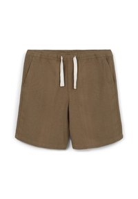 Pantaloni corti marroni in tessuto texturizzato, dotati di una cintura elastica con lacci bianchi e due tasche laterali.