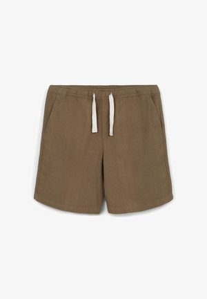 Pantaloni corti marroni in tessuto texturizzato, dotati di una cintura elastica con lacci bianchi e due tasche laterali.