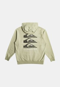 Sudadera con capucha verde claro con un patrón texturizado en la parte posterior que presenta gráficos en negro y el texto "Quiksilver" en la parte inferior.