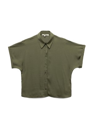 Olijfgroene kortemouwenshirt van gladde stof, met een knoopsluiting aan de voorkant, spitse kraag en een relaxte pasvorm met zijsplitten.