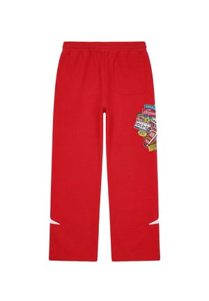 Rode sweatpants met een elastische tailleband, een achterzak en kleurrijke grafische patches op de rechterdij.