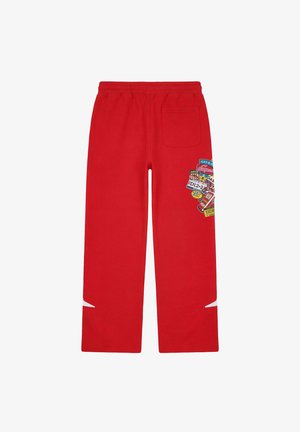Rode sweatpants met een elastische tailleband, een achterzak en kleurrijke grafische patches op de rechterdij.