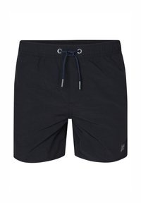 Pantaloni scurți de înot negri cu elastic la talie, fabricați dintr-un material ușor. Prezintă un etichetă logo pe lateral și o textură netedă.