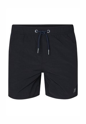 Sorte badebukser med snoreliv, lavet af letvægtsstof. Har et sideskilt med logo og en glat tekstur.