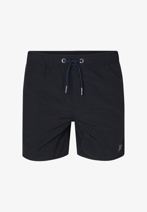 Sorte badebukser med snoreliv, lavet af letvægtsstof. Har et sideskilt med logo og en glat tekstur.