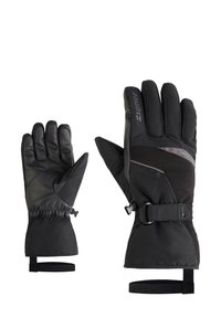 Guantes de invierno negros con un exterior de tela texturizada, palma de cuero, correa ajustable en la muñeca y puño elástico para un ajuste ceñido.