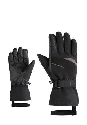 Schwarze Winterhandschuhe mit einem strukturierten Stoffaußenmaterial, Lederhandfläche, verstellbarem Handgelenkriemen und elastischem Bündchen für eine enge Passform.