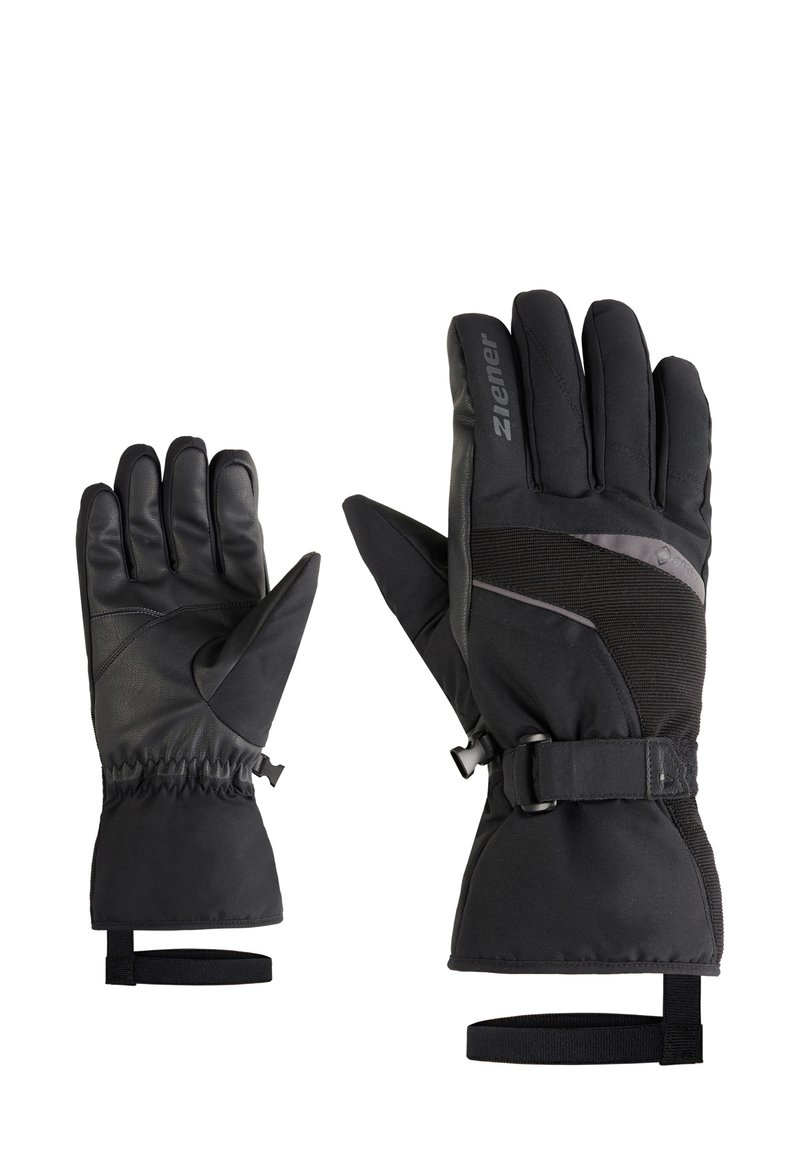 Guantes de invierno negros con un exterior de tela texturizada, palma de cuero, correa ajustable en la muñeca y puño elástico para un ajuste ceñido.