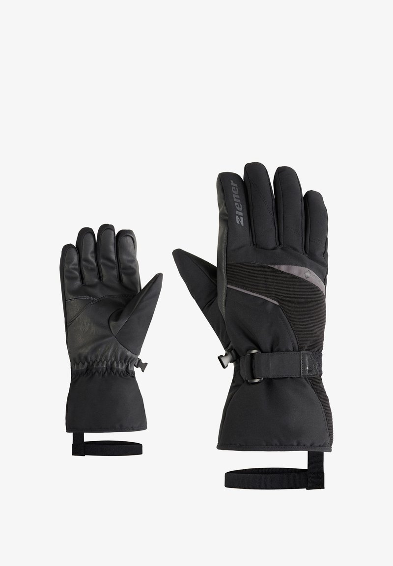 Guantes de invierno negros con un exterior de tela texturizada, palma de cuero, correa ajustable en la muñeca y puño elástico para un ajuste ceñido.