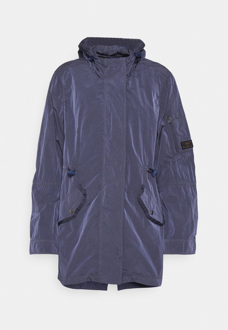 Mörkblå lättviktig jacka med huva, framfickor, dragsko i midjan, dragkedja och tryckknappar. Slätt, något glänsande tyg med struktur.