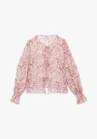 Blouse met een roze paisleyprint en lange, uitpufte mouwen, met een striksluiting aan de voorkant. Gemaakt van lichtgewicht, doorschijnende stof met geplooide manchetten en bloemaccenten.