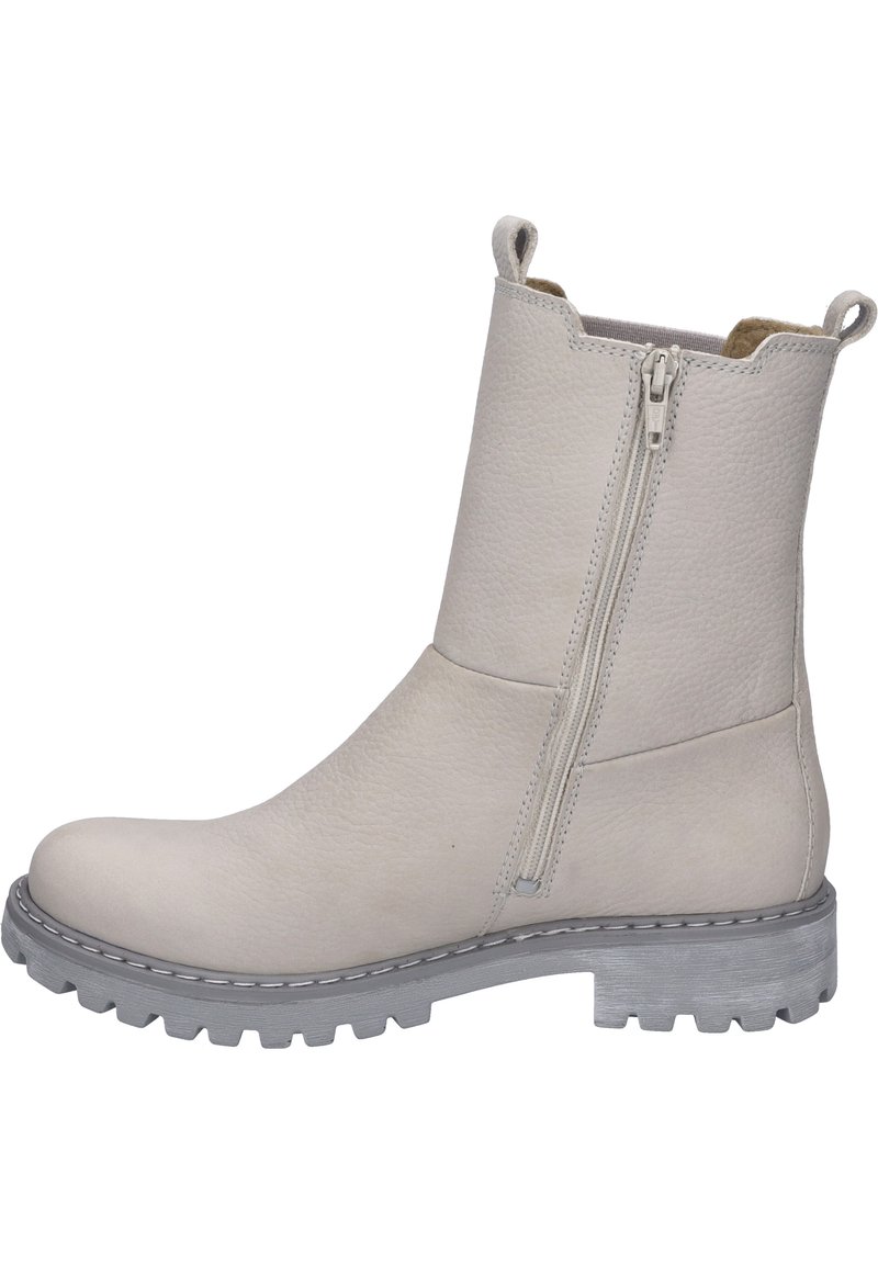 Hellgraue Leder-Ankle-Boots mit einem seitlichen Reißverschluss, strukturierten Oberflächen und einer robusten grauen Sohle mit ausgeprägtem Profil.