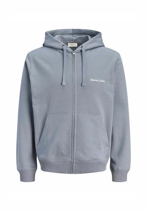 Light gray zip-up hoodie with a drawstring hood, front pockets, and embroidered "Originals" text. Made of soft, textured fabric.