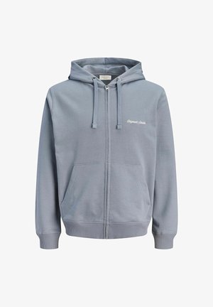 Világosszürke cipzáras kapucnis pulóver húzózsinóros kapucnival, elülső zsebekkel és hímzett "Originals" felirattal. Puha, texturált anyagból készült.