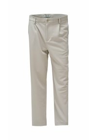 Pantalones beige con una textura suave, diseño entallado, bolsillos frontales, cierre de botón y trabillas para cinturón, creando un aspecto clásico.