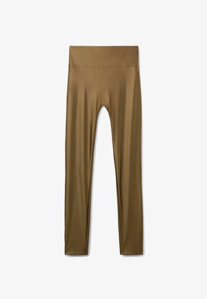 Braune, hoch taillierte, figurbetonte Leggings aus glattem, elastischem Stoff mit nahtlosem Bund, flach auf weißem Hintergrund präsentiert.