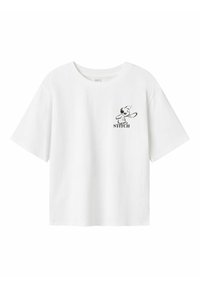 Camiseta de algodón de manga corta blanca. Presenta un gráfico negro de un personaje con el texto "STITCH" debajo en el lado izquierdo del pecho.