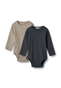 Deux bodysuits à manches longues en beige clair et en bleu marine foncé. Fabriqués en tissu doux avec des fermetures à pressions en bas et des encolures rondes.