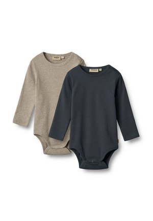 Zwei Langarm-Bodysuits in hellbeige und dunkelmarine. Aus weichem Stoff mit Druckknöpfen am Boden und Rundhalsausschnitten.