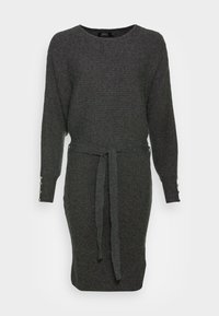 Abito lavorato a maglia grigio scuro con maniche lunghe, scollo rotondo, cintura con fiocco in vita e bottoni decorativi sui polsini.