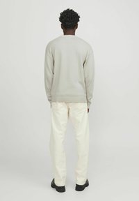 Grey sweater with a ribbed hem and cuffs, paired with off-white pants and black shoes, viewed from the back against a plain background.