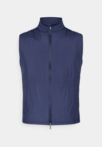 Navy blue sleeveless vest with high collar and full-length front zipper, made of lightweight fabric.