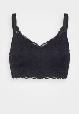 Crna čipkana braletica s cvjetnim uzorkom, valovitim rubovima i podešavanim naramenicama. Mekani materijal s prilagođenim dizajnom.