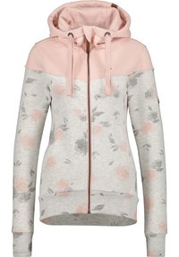 Sudadera con capucha gris claro y cremallera, con canesú y capucha en suave tono rosa, que presenta un sutil estampado floral en rosa y gris y cordones ajustables.