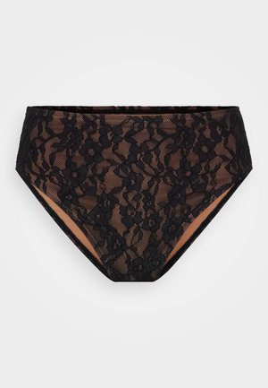 Culotte taille haute en dentelle noire avec un motif floral, dotée d'une doublure nude et d'une ceinture élastique douce pour le confort.